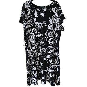 Lauren Ralph Lauren Dress Womens 3X Black White Floral SS Ruffled Hem Belt Midi